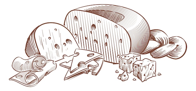 Sketchkäse Zusammensetzungen mit Käse verschiedener Arten halbe und Scheiben Maasdam und Gouda Mozzarella und Parmesan Milch frische landwirtschaftliche Lebensmittel Milcherzeugnisse Vektor isolierte Illustration