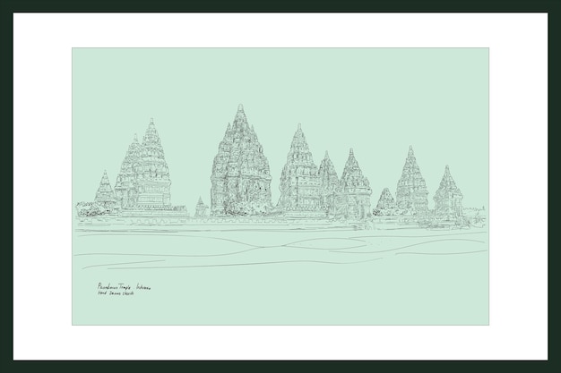 Sketsa candi prambanan, handgezeichneter indonesischer historischer tempel