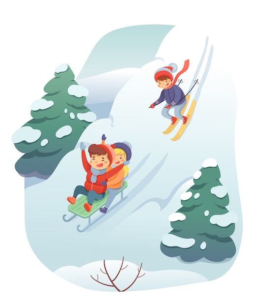 Skifahren und rodeln illustration, schneehügel landschaft, kinder auf schlitten und ski zeichentrickfiguren bergab gehen, glücklich unterhaltsame kinder. aktive erholung, winterfreizeitkonzept