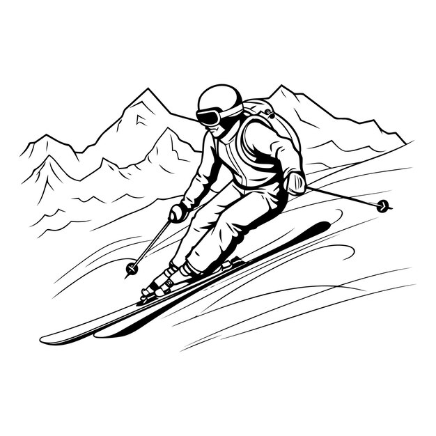 Vektor skifahrer beim skifahren in der abfahrt schwarz-weiß-vektorillustration