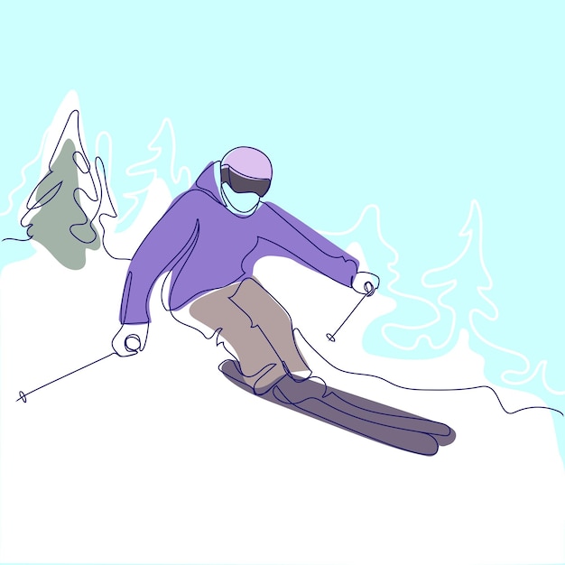 Skifahrer fährt am berghang abstrakter moderner linienillustrationsvektor. skirennfahrer minimalistischer stil