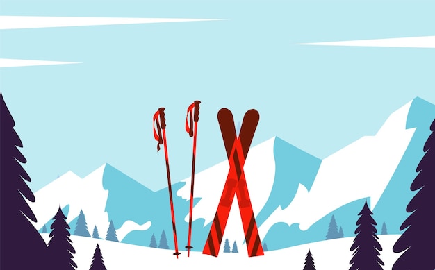 Vektor skigebiet winterlandschaft mit schneebäumen berge vektorillustration