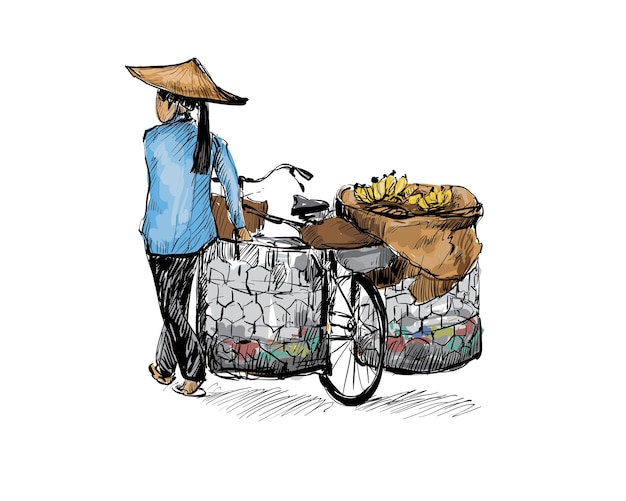 Vektor skizze der frau, die mit einem fahrrad in hanoi vietnam geht
