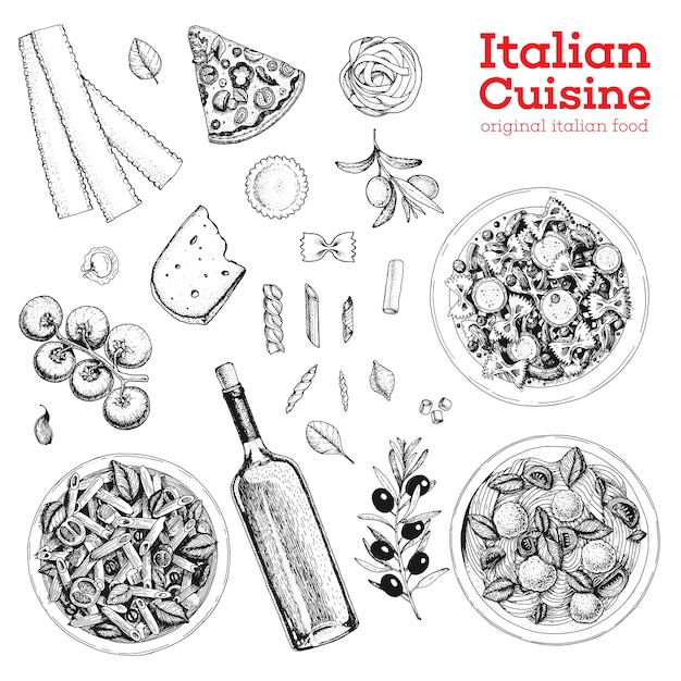 Skizze der italienischen Küche Eine Reihe italienischer Gerichte mit Pasta und Fleischbällchen, Pizzaravioli und Zutaten Vorlage für das Design der Speisekarte Vintage handgezeichnete Skizze, Vektorillustration Graviertes Bild