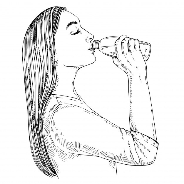 Vektor skizze der jungen frau mit dem langen haartrinkwasser von der flasche. hand gezeichnete illustration.