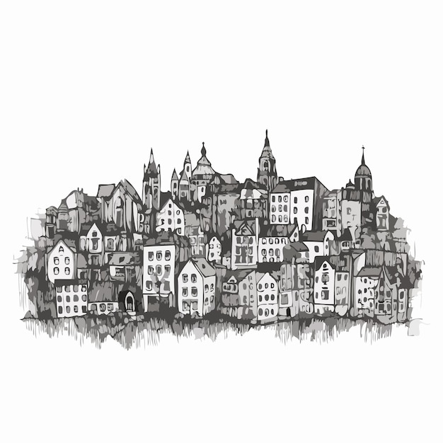 Skizze der Stadt, handgezeichnete Skizze, Gravurstil, weißer Hintergrund isoliert