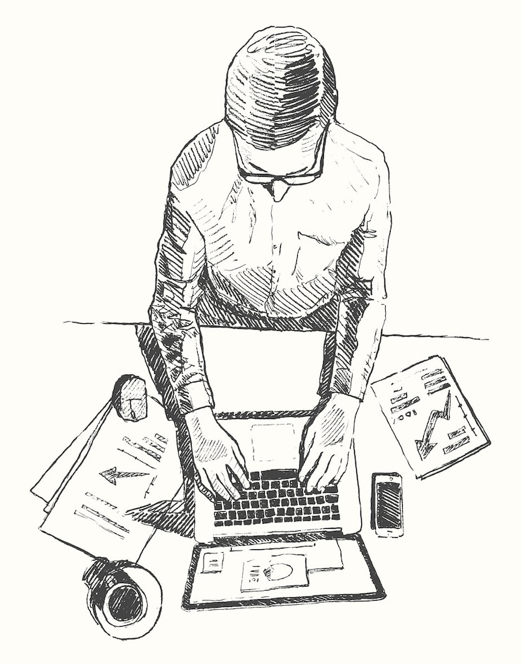 Vektor skizze des mannes mit computer, büroarbeit erledigend, handgezeichnete vektorillustration. ansicht von oben.