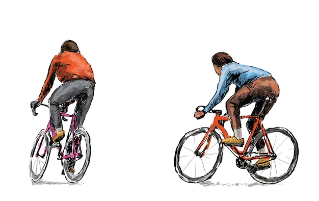 Vektor skizze des radfahrers, der fahrrad mit festem gang auf straße reitet, illustration