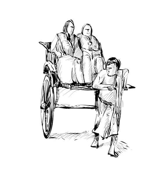 Skizze des transports in indien zeigen traditionellen handgezogenen rikschafahrer, der auf straße arbeitet, illustration
