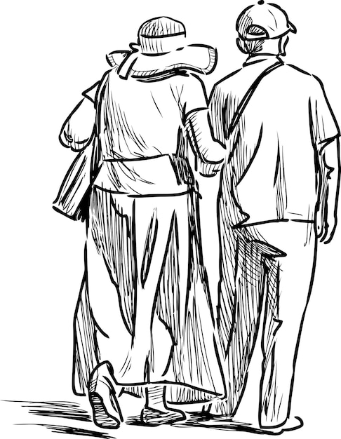 Skizze eines älteren ehepartners von stadtbewohnern bei einem spaziergang