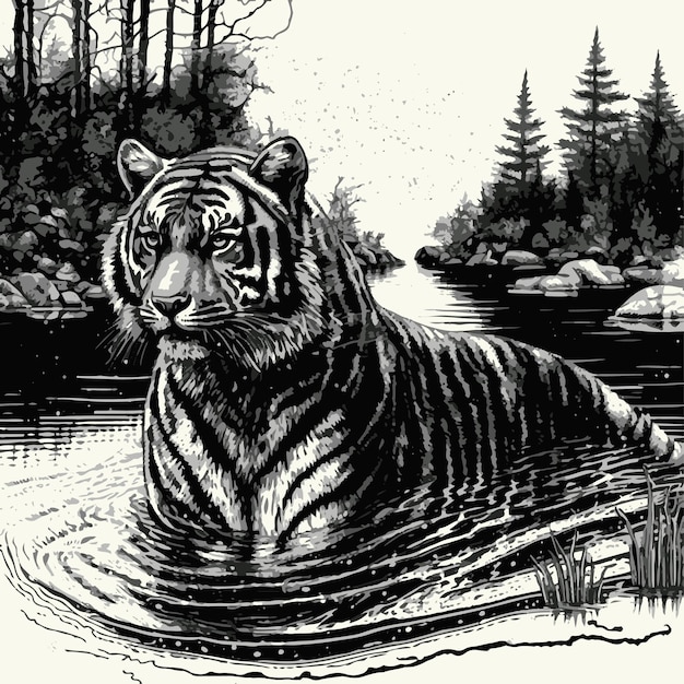 Skizze eines badenden Sumatra-Tigers