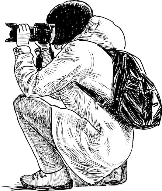 Skizze eines Fotografenmädchens, das hockt und mit ihrer Kamera fotografiert