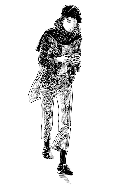 Skizze eines jungen modernen stadtmädchens in baskenmütze mit smartphone, das die straße entlang schreitet