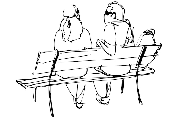 Skizze eines jungen paares, das auf einer bank sitzt