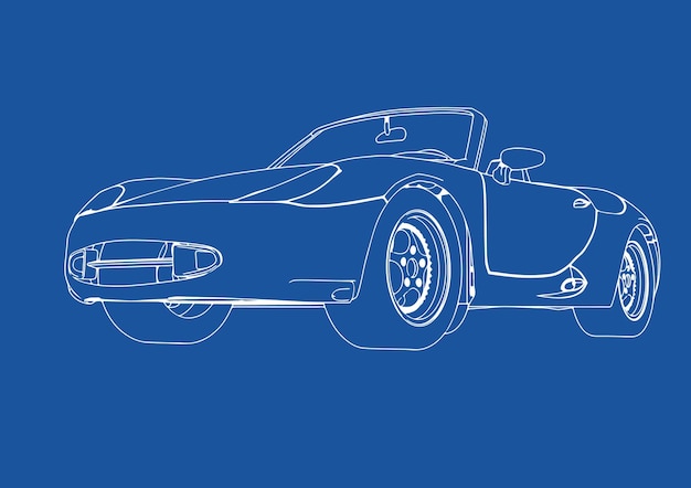 Skizze eines Sportwagens mit weißen Linien auf blauem Hintergrundvektor