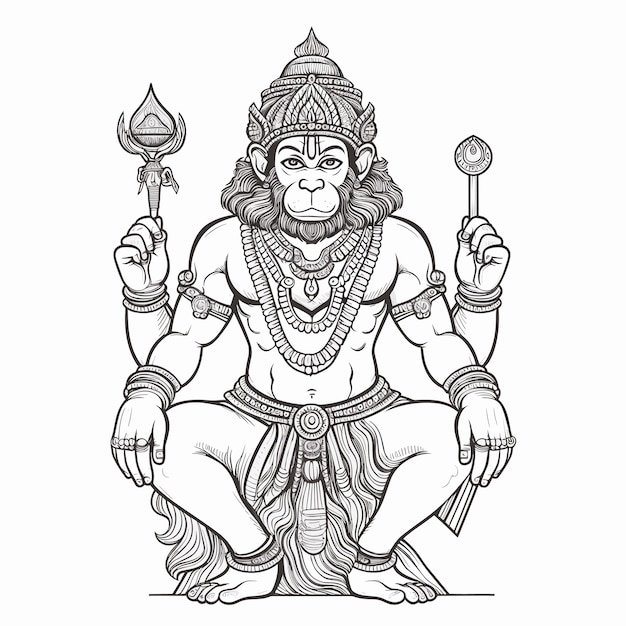 Vektor skizze, handgezeichnet, einzeilige kunst, malseite, strichzeichnung, lord hanuman day