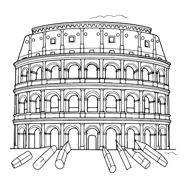 Vektor skizze handgezeichnete einzeilige kunst malseite kolosseum tag