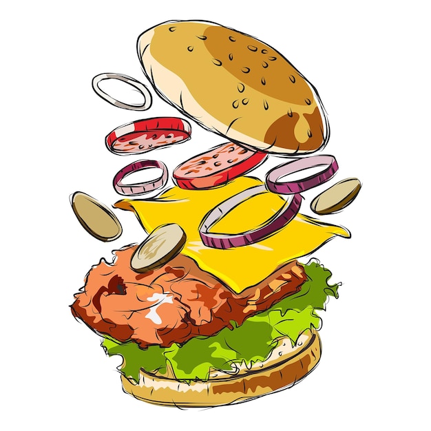 Skizze, handgezeichneter fliegender burger 3d, illustration burger