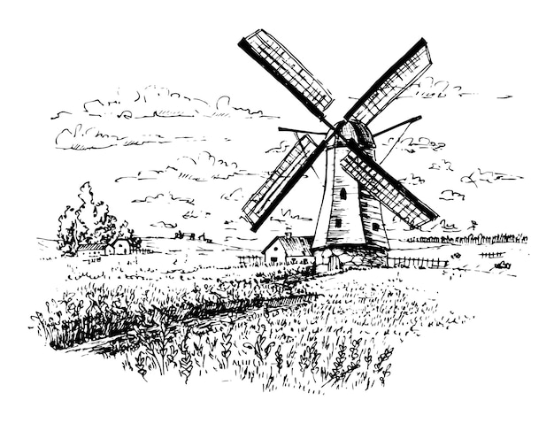 Skizze mit alter Wildmühle Illustration der Landschaft der Windmühle Holland mit Dorf und Feld