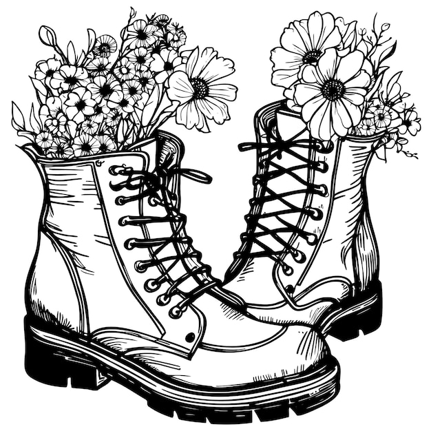 Skizze von Blumen im Stiefel isolierter Vektordruck Illustration von Hand gezeichnet Schweiß Persönliche Hygiene Konzept