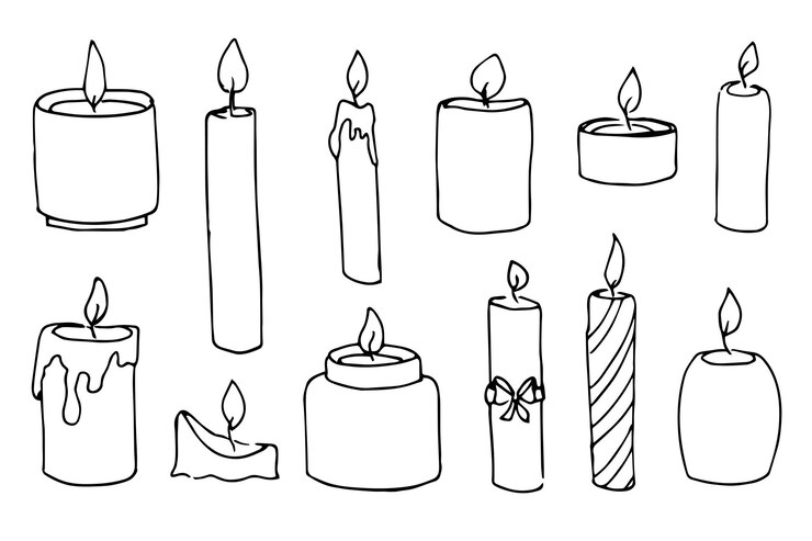 Vektor skizze von kerzen handgezeichnete vektorillustration mit kerzenlicht im doodle-stil für weihnachts- oder geburtstagsdesign einfache konturzeichnung für symbol oder logo schwarze linie auf weißem isoliertem hintergrund