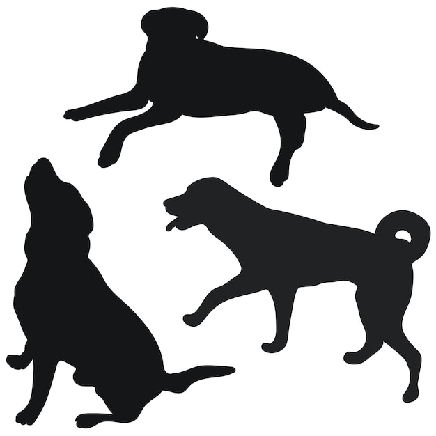 Skizzenbild einer schwarzen Silhouette eines Hundes. Umrisse von Haustieren. Gehen Sie stehend, sitzend, liegend, liegend, rennend, springen, spazieren