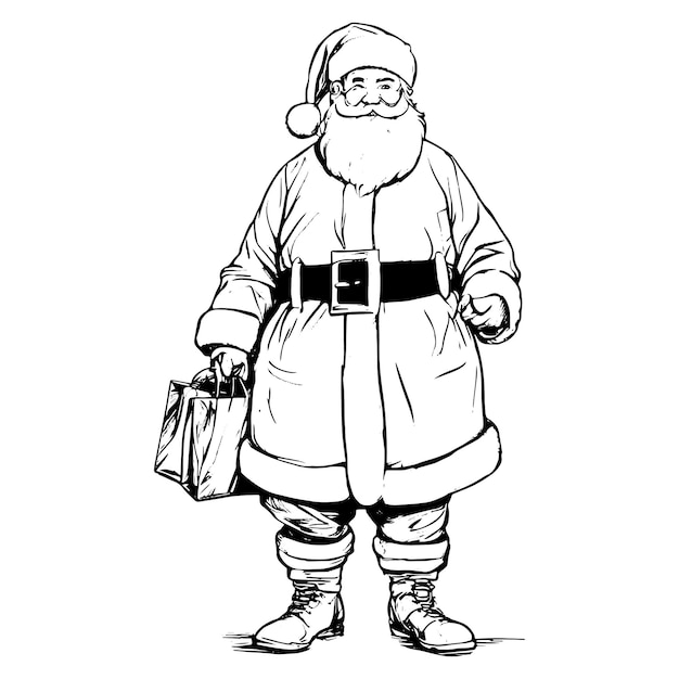 Skizzenhafte Zeichnung des Weihnachtsmanns mit Geschenken in voller Länge isoliert auf weißem Hintergrund