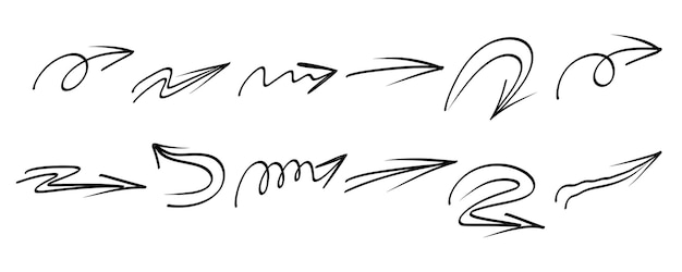 Skizzenmarkierungspfeile handgezeichneter satz. handgezeichnetes pinselpfeil-häkchen unterstrichen. vektor freihändig