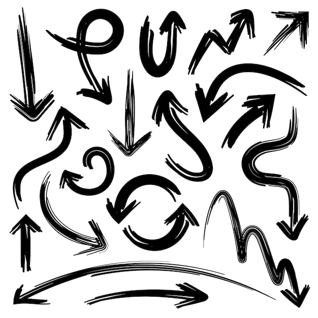 Skizzenpfeile. Gekritzelpfeilelemente mit kritzelnder Bleistift-Grunge-Textur. Isolierter handgezeichneter Vektorsatz