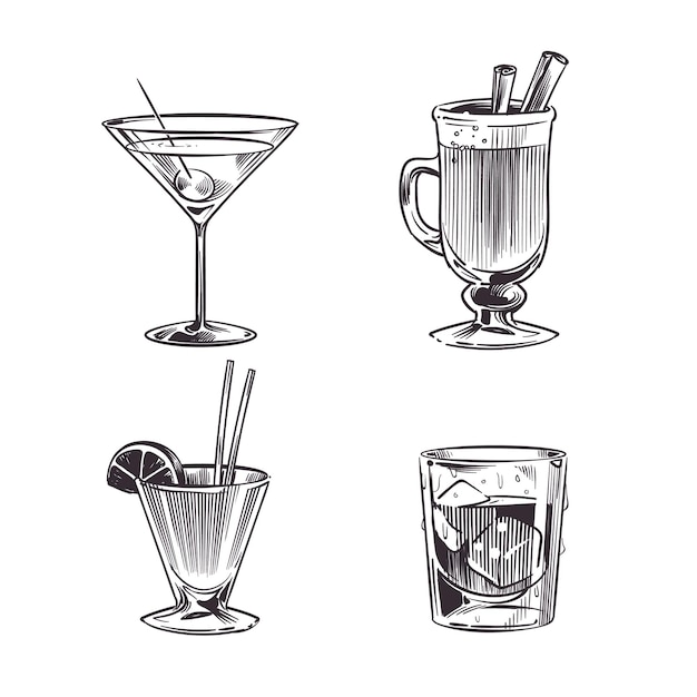 Skizzieren Sie Cocktails, alkoholische Getränke, handgezeichnete Kaltgetränke in verschiedenen Gläsern, Martini mit Oliven, Glühwein, Party-Sommergetränk und Whiskey mit Eis. Vektor-isoliertes Set im Vintage-Gravur-Stil