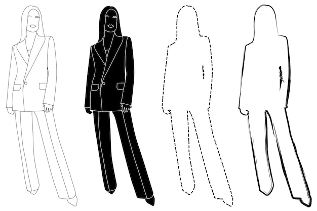 Vektor skizzieren sie den umriss des silhouettenmädchens in einem modischen anzug, der doodle schwarz-weiße strichzeichnung darstellt