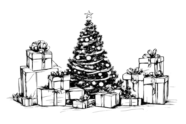 Skizzieren Sie den Weihnachtsbaum mit Geschenkvektorillustration