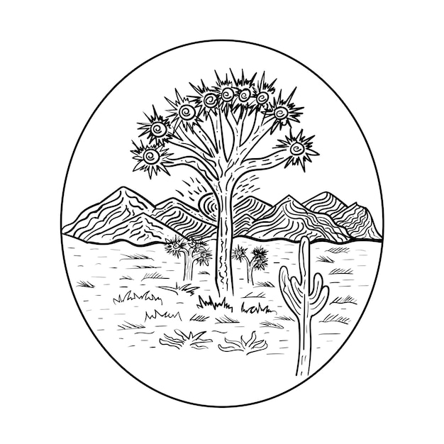 Skizzieren Sie die Schwingungen der Wüstenlandschaft Joshua Tree und Kakteen und Berge