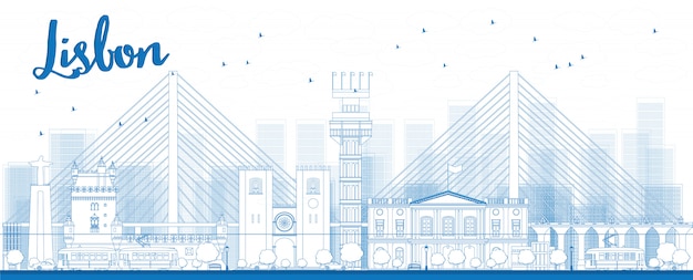 Skizzieren Sie die Skyline von Lissabon mit blauen Gebäuden