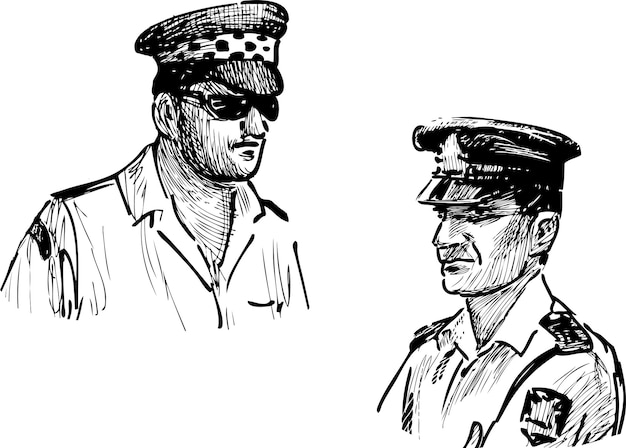 Skizzieren Sie Porträts von Männern in Uniformmützen von Polizisten und Taxifahrern