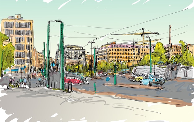 Vektor skizzieren sie stadtbild der berliner straße mit gebäude und völkern gehen entlang der straße, freie hand zeichnen illustration