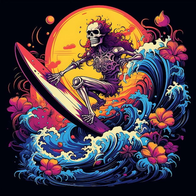 Skull skeleton surfen am strand vektor-illustration