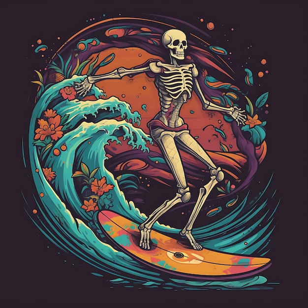 Skull skeleton surfen am strand vektor-illustration