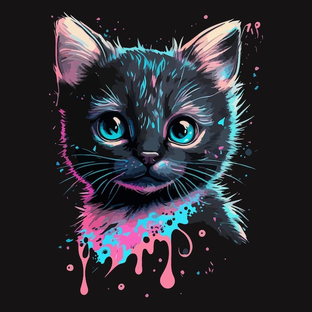 Skurrile schwarze katze mit blauen augen vektorillustration mit verspielten rosa spritzern und flecken