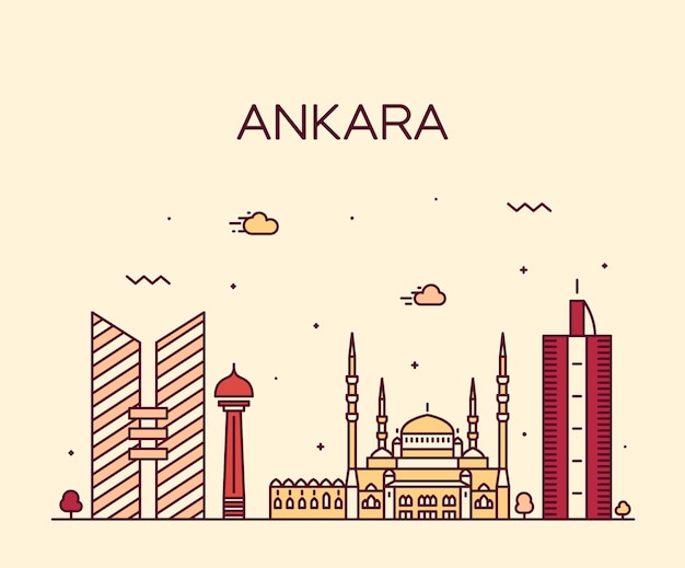 Skyline von ankara, detaillierte silhouette. trendige vektorillustration, linearer stil.