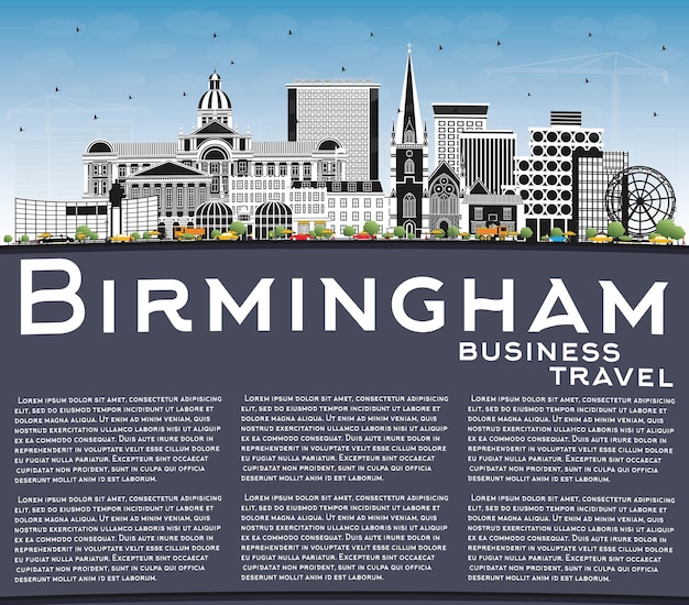 Skyline von birmingham, großbritannien, mit farbigen gebäuden, blauer himmel und kopierraum, vektorgrafik birmingham-stadtbild mit sehenswürdigkeiten, geschäftsreise- und tourismuskonzept mit historischer architektur