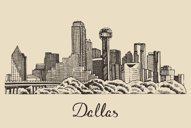 Skyline von Dallas, Großstadtarchitektur, Vintage-gravierte Vektorillustration