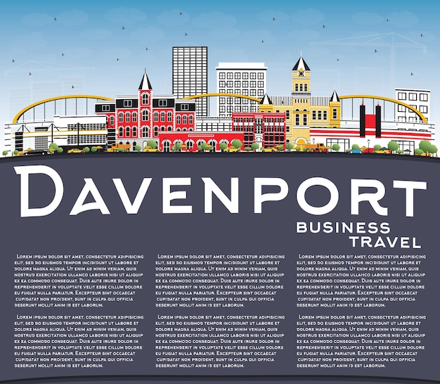 Skyline von davenport iowa mit farbgebäuden, blauem himmel und textfreiraum. vektor-illustration. geschäftsreise- und tourismusillustration mit historischer architektur.