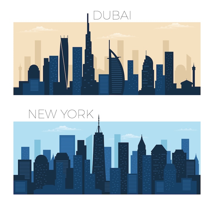 Vektor skyline von dubai und new york city