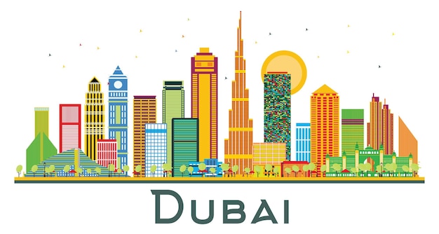 Skyline von Dubai Vereinigte Arabische Emirate mit Farbgebäuden. Vektor-Illustration. Geschäftsreise- und Tourismusillustration mit moderner Architektur. Dubai-Stadtbild mit Sehenswürdigkeiten.