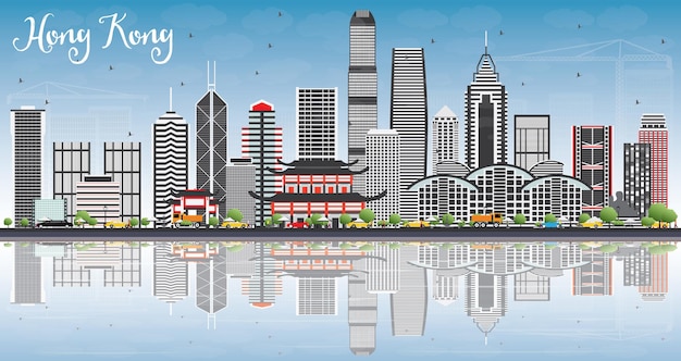 Skyline von hongkong mit grauen gebäuden, blauem himmel und reflexionen. vektor-illustration. geschäftsreise- und tourismuskonzept mit moderner architektur. bild für präsentationsbanner-plakat und website.