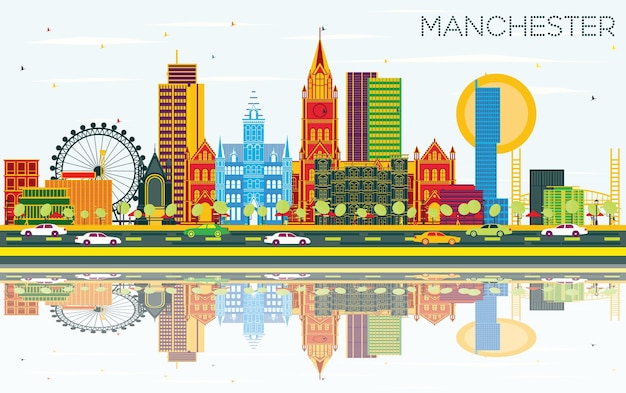 Skyline von manchester mit farbgebäuden, blauem himmel und reflexionen. vektor-illustration. geschäftsreise- und tourismuskonzept mit moderner architektur. manchester-stadtbild mit sehenswürdigkeiten.