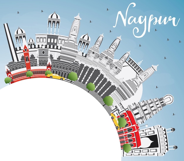 Skyline von nagpur mit grauen gebäuden, blauem himmel und textfreiraum. vektor-illustration. geschäftsreise- und tourismuskonzept mit historischer architektur. bild für präsentationsbanner-plakat und website.