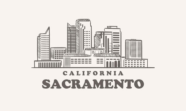 Skyline von sacramento, kalifornien gezeichnete skizze amerikanische stadt