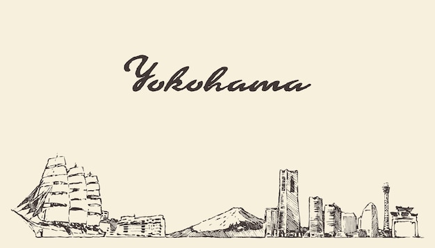 Skyline von yokohama, japan, handgezeichnete vektorgrafik, skizze
